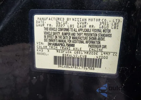 2012 Nissan Sentra 2.0 Sl from USA, damaged, VIN 3N1AB6AP8CL756988